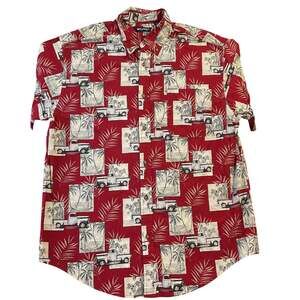 Puritan Men Button Up Shirt LARGE Red Graphic Print Truck Palm Tree Hawaiian